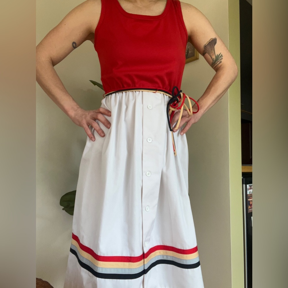 Toni Todd Vintage 1970s Color Block Dress with striped hem, buttons